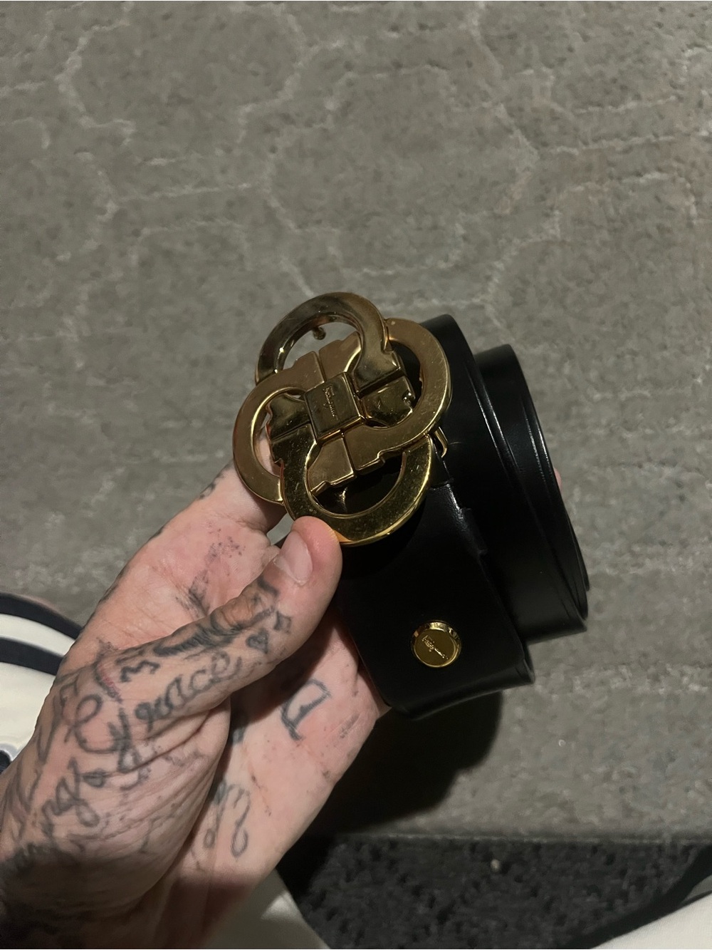 Black Leather Belt with Gold Interlocking Buckle